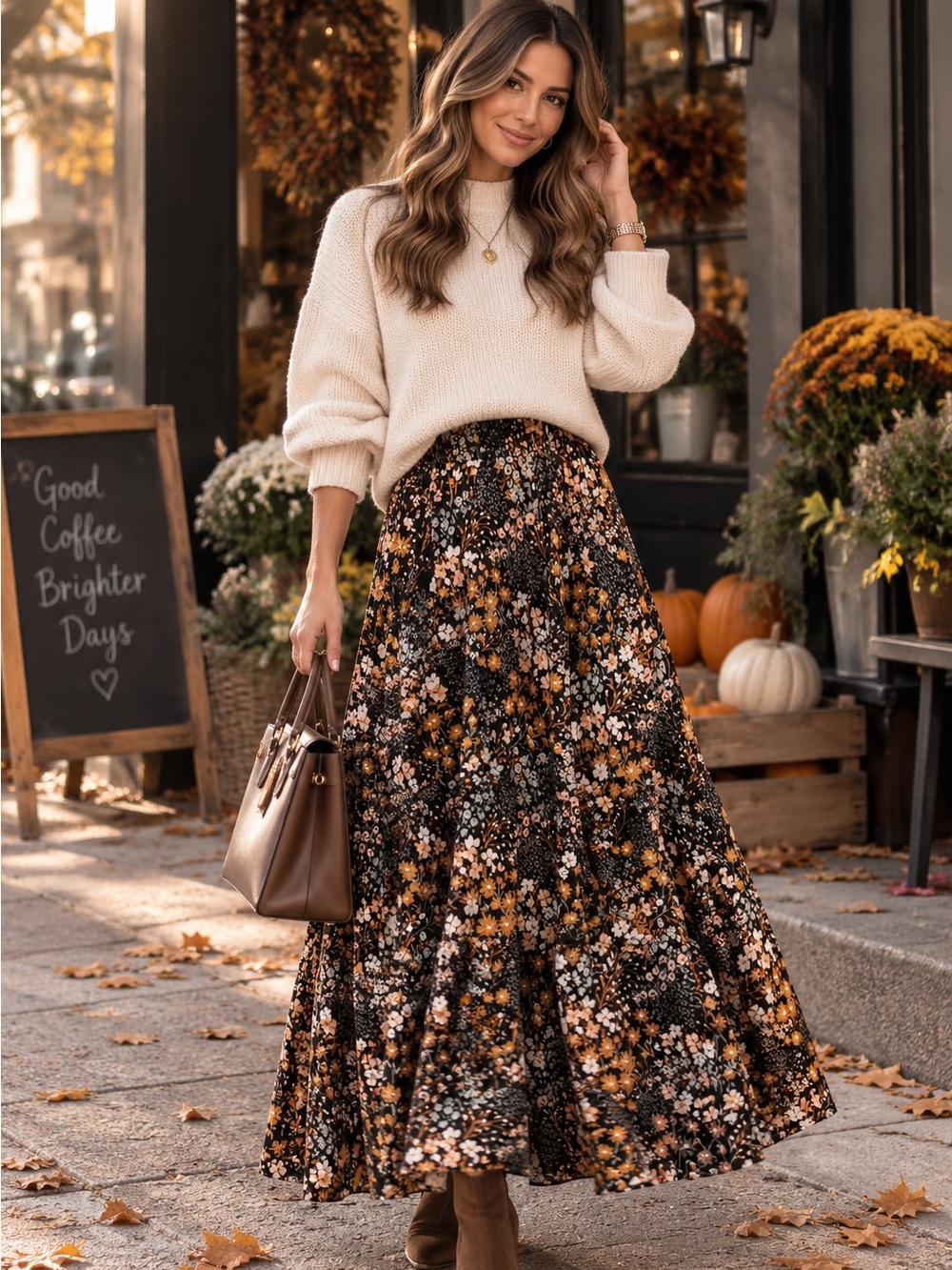 Long Black Dark Floral A-Line Maxi Skirt Boho Fall rust orange